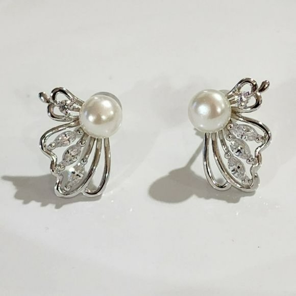 925S White Cultured Freshwater Pearl Butterfly Earrings - Picture 11 of 16